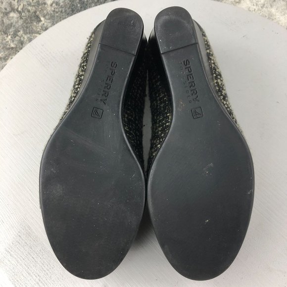 Sperry Women's Size 9.5M Top Sider Black Cream Tweed Peep Toe High Heel Wedges - Picture 10 of 13